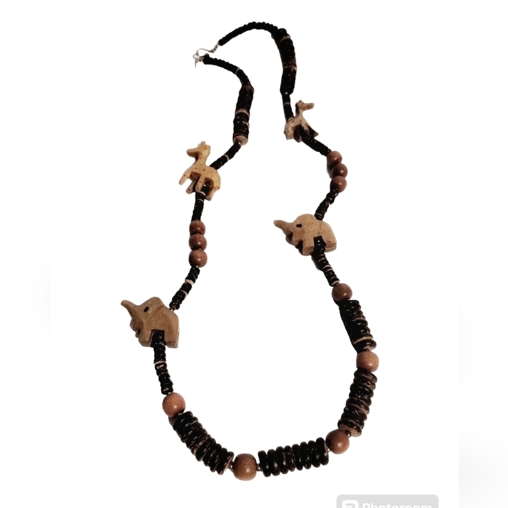 Vintage Hand Carved Wood African Elephant & Giraffe 29" Safari Artsy Neckless